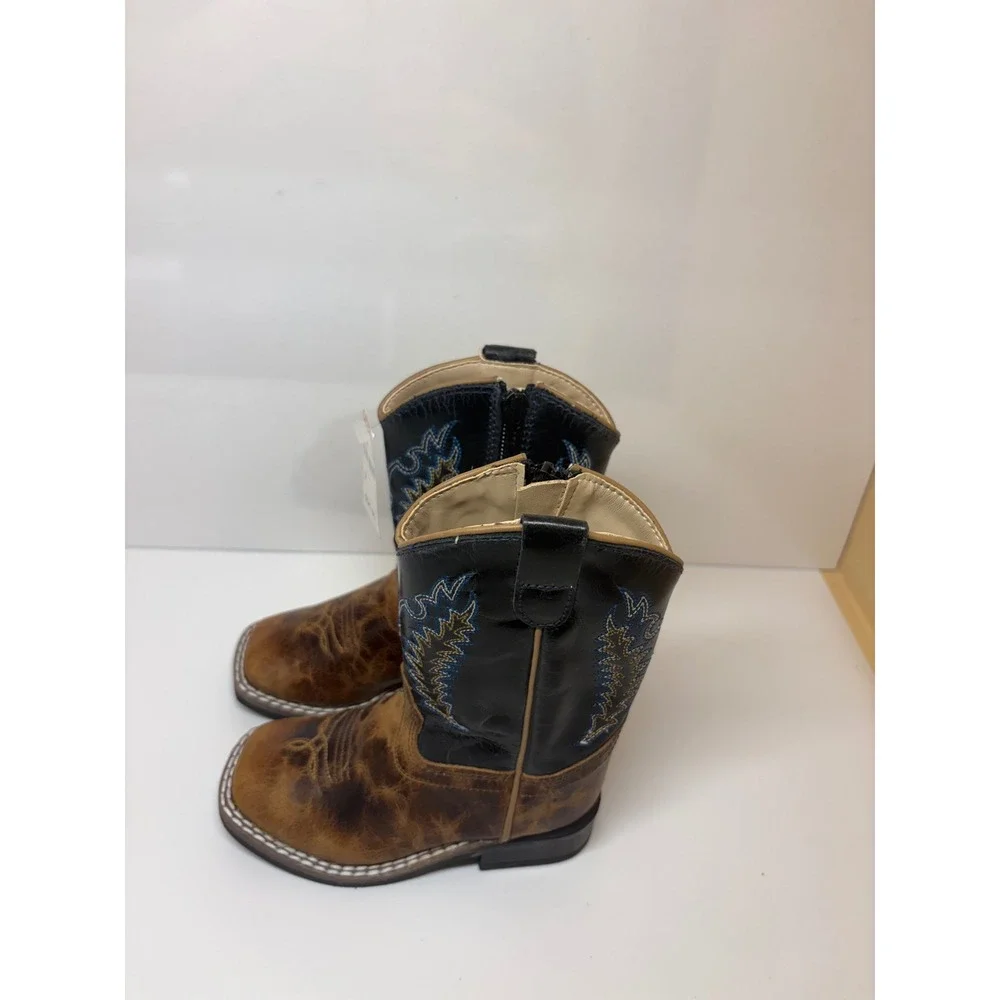 Old West Toddler Boys Brown Black Leather Square Toe Cowboy Boots BSI1960 Sz 7D